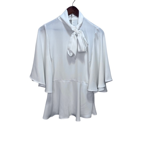 Zara White Peplum Blouse Batwing Sleeve Necktie Bow Size Small - Picture 3 of 15